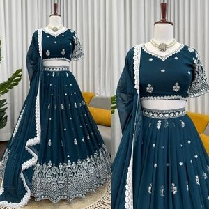 Teal White Embroidered Lehenga Choli Indian Outfit Indian Event Wear Sangeet